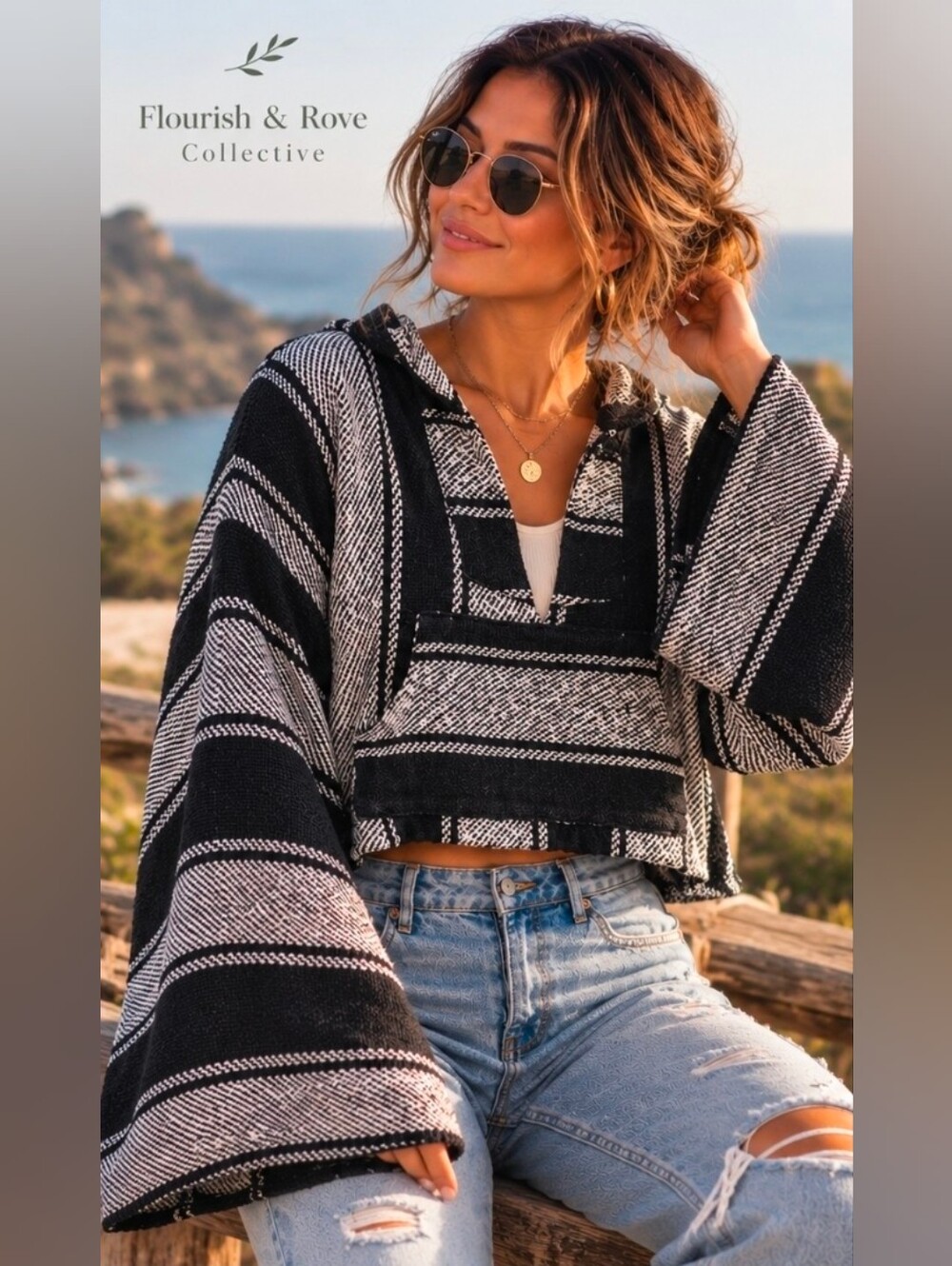 Love Like Summer Baja Hoodie Small Black White Cropped Mexican Blanket Poncho